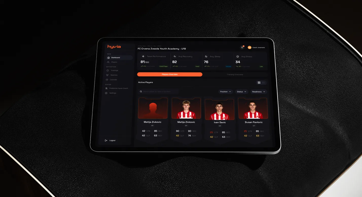The Hyvia coach dashboard showing squad readiness at a glance